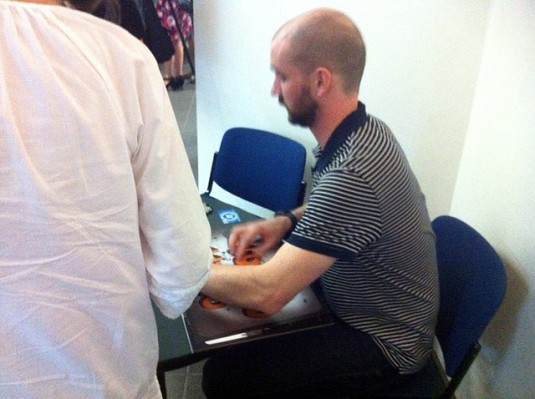 Peter Brown signing his new book, "Creepy Carrots"