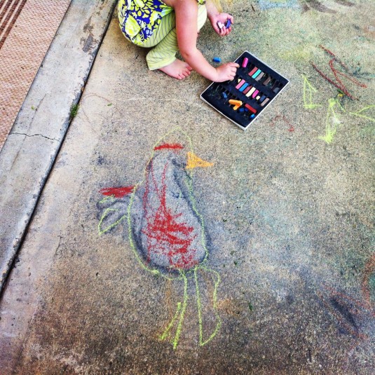 HJ traced my faded chicken drawing. She yold me she will help me draw silly chickens when she grows up!