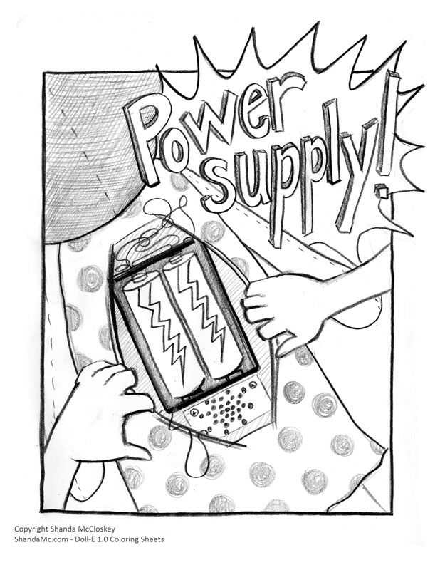 Doll-E 1.0 coloring sheet of the power supply or batteries.