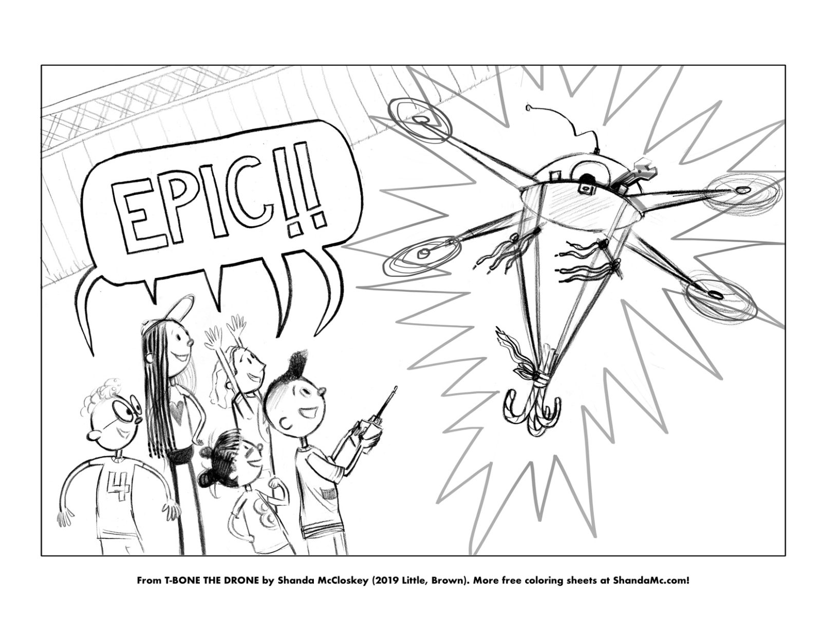 T-Bone the Drone coloring sheet of an epic moment.