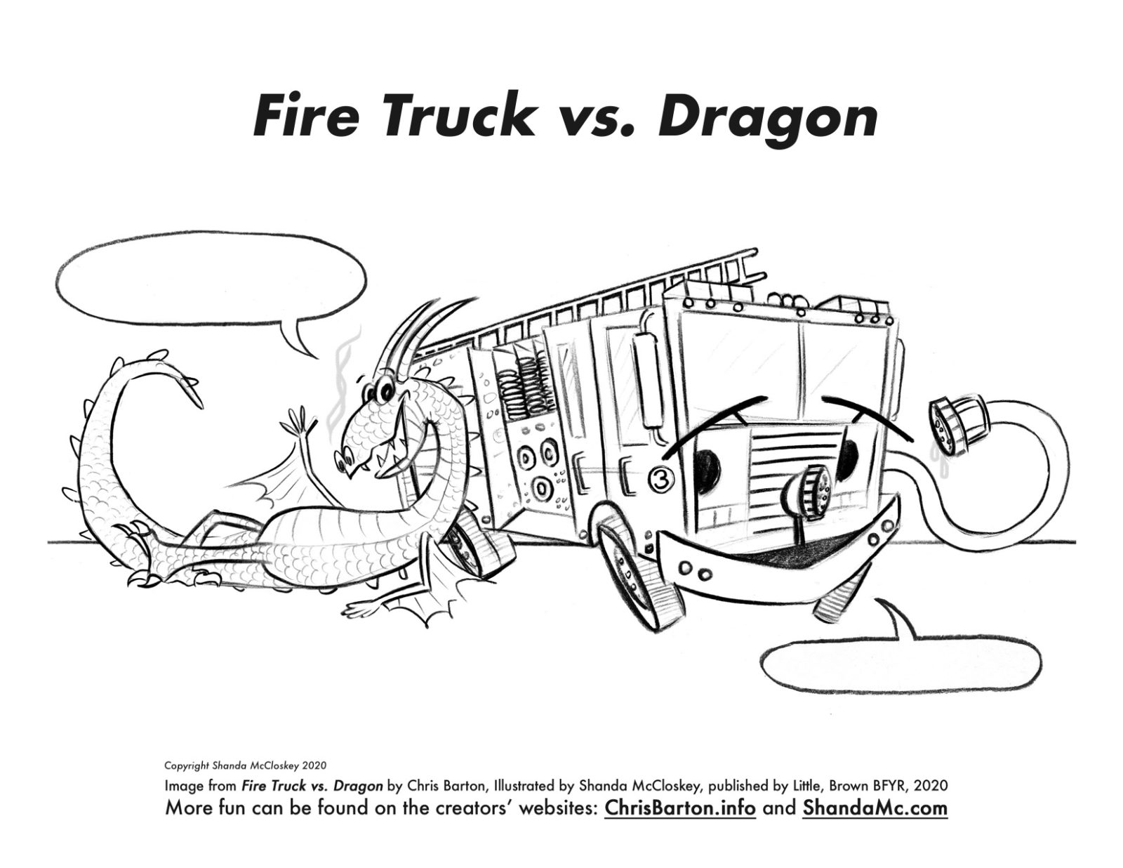 Fire Truck vs. Dragon coloring sheet waiving hello.