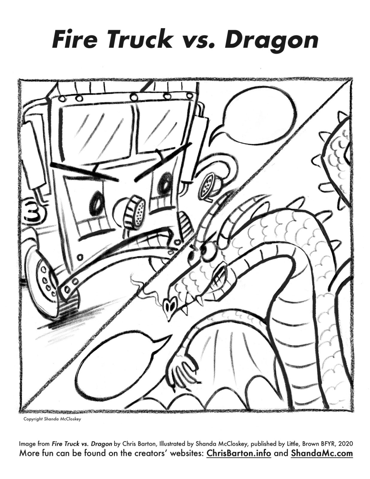 Fire Truck vs. Dragon coloring sheet about to battle.