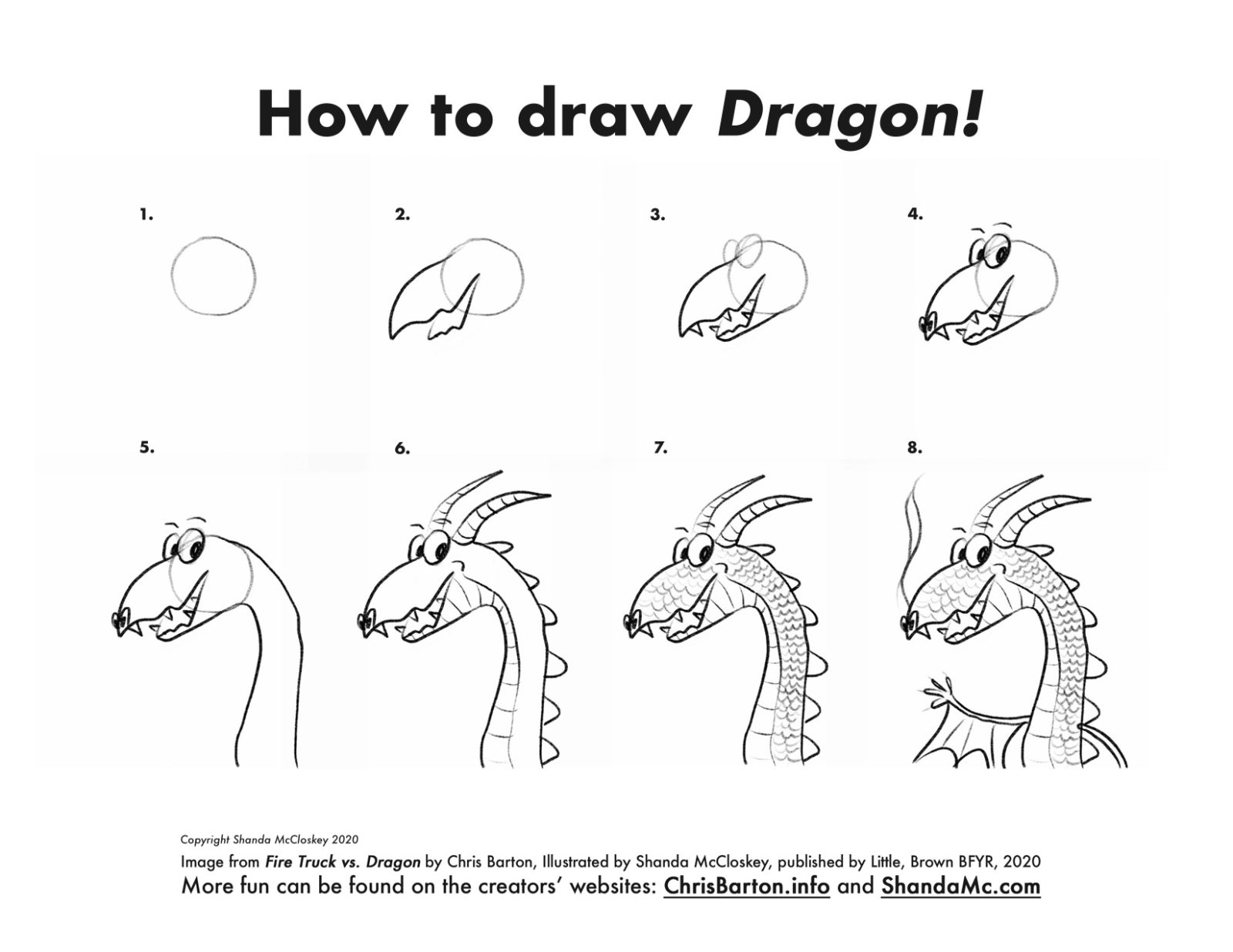 How-to-draw Dragon from the book Fire Truck vs. Dragon by Chris Barton, illustrated by Shanda McCloskey