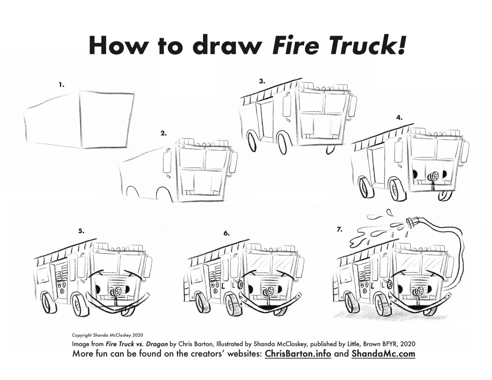 How-to-draw Fire Truck from the book Fire Truck vs. Dragon by Chris Barton, illustrated by Shanda McCloskey