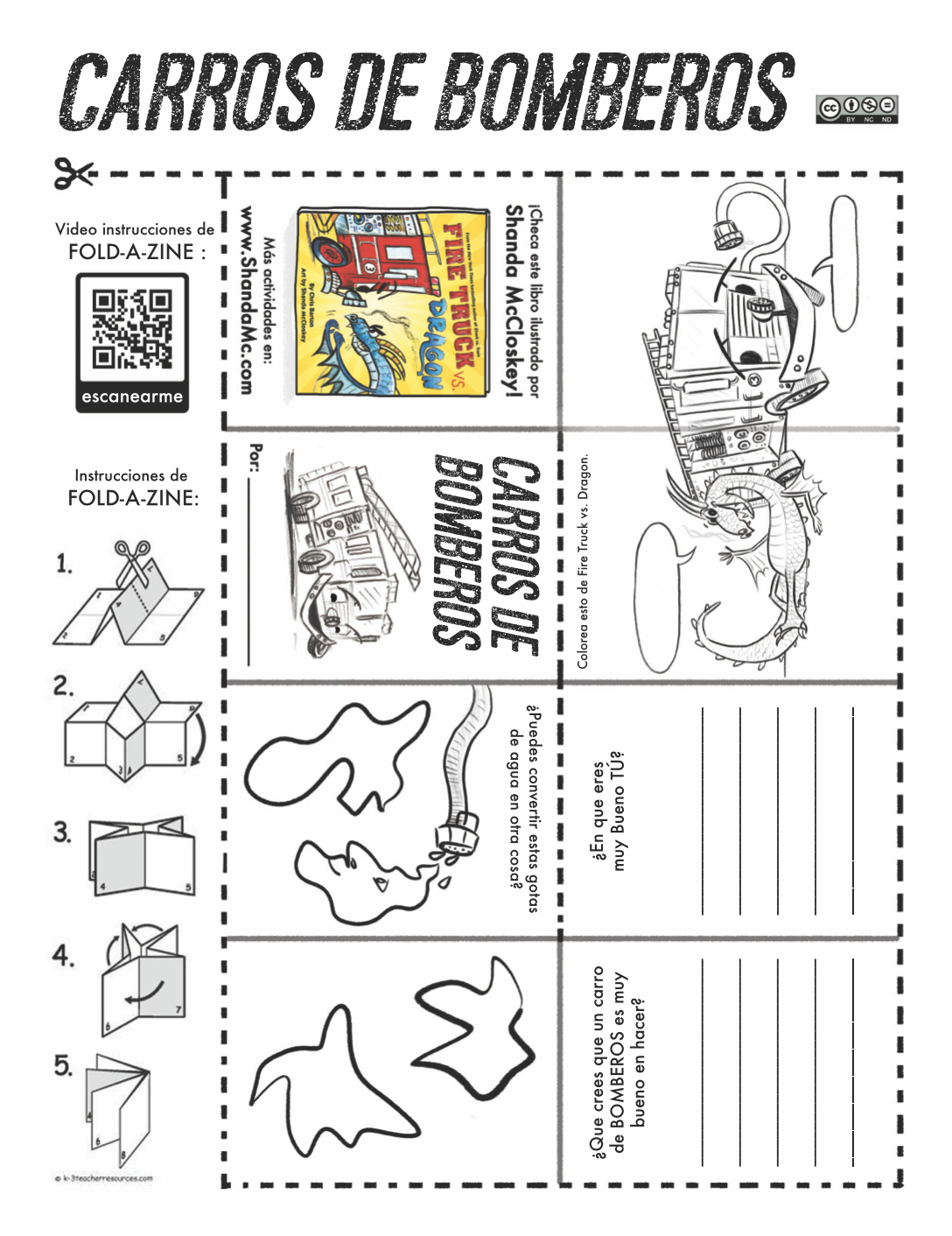 Amazing fire trucks (carros de bomberos) zine activity (en español) inspired by the book, Fire Truck vs. Dragon, by Chris Barton and Shanda McCloskey