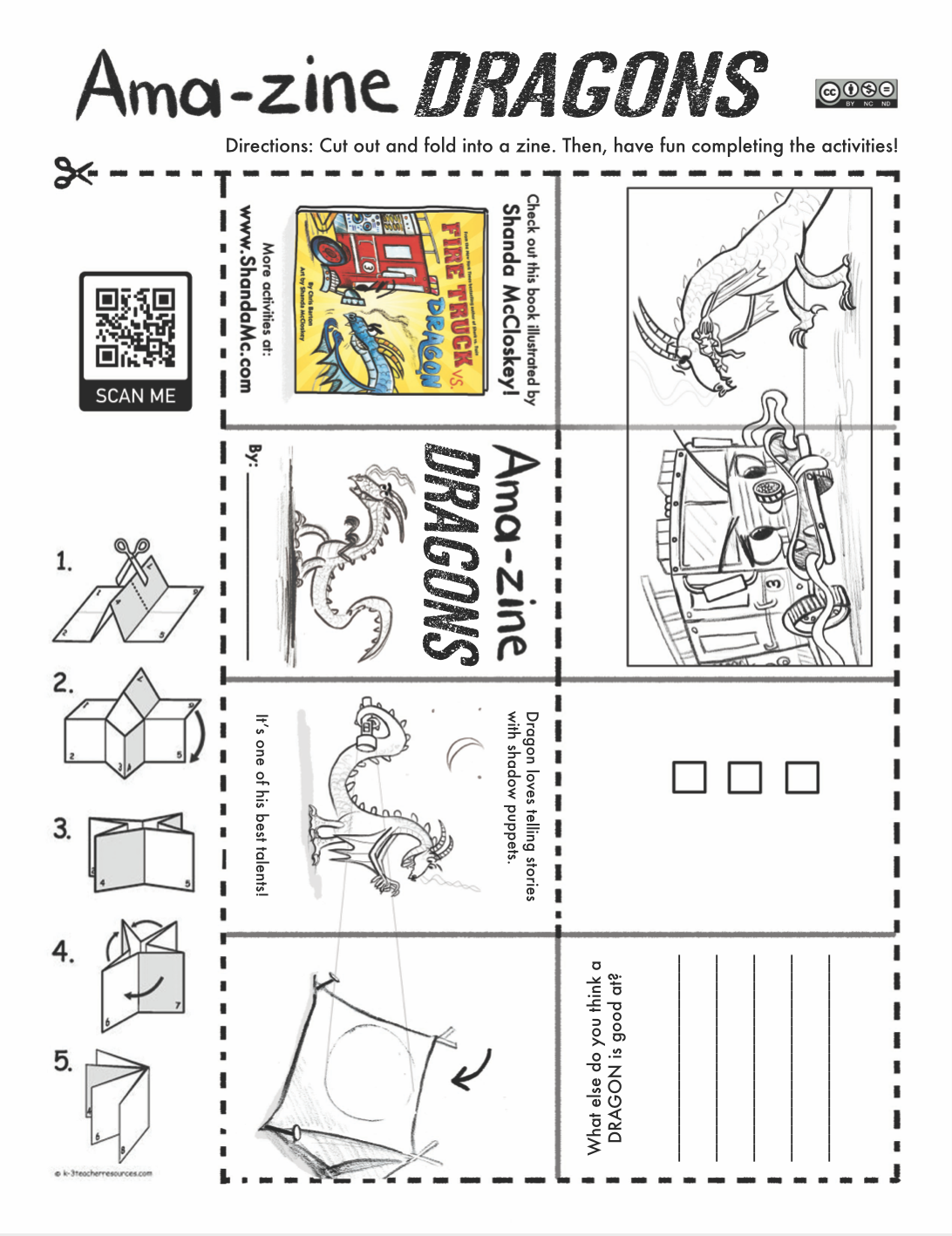 Amazing dragons zine activity inspired by the book, Fire Truck vs. Dragon, by Chris Barton and Shanda McCloskey