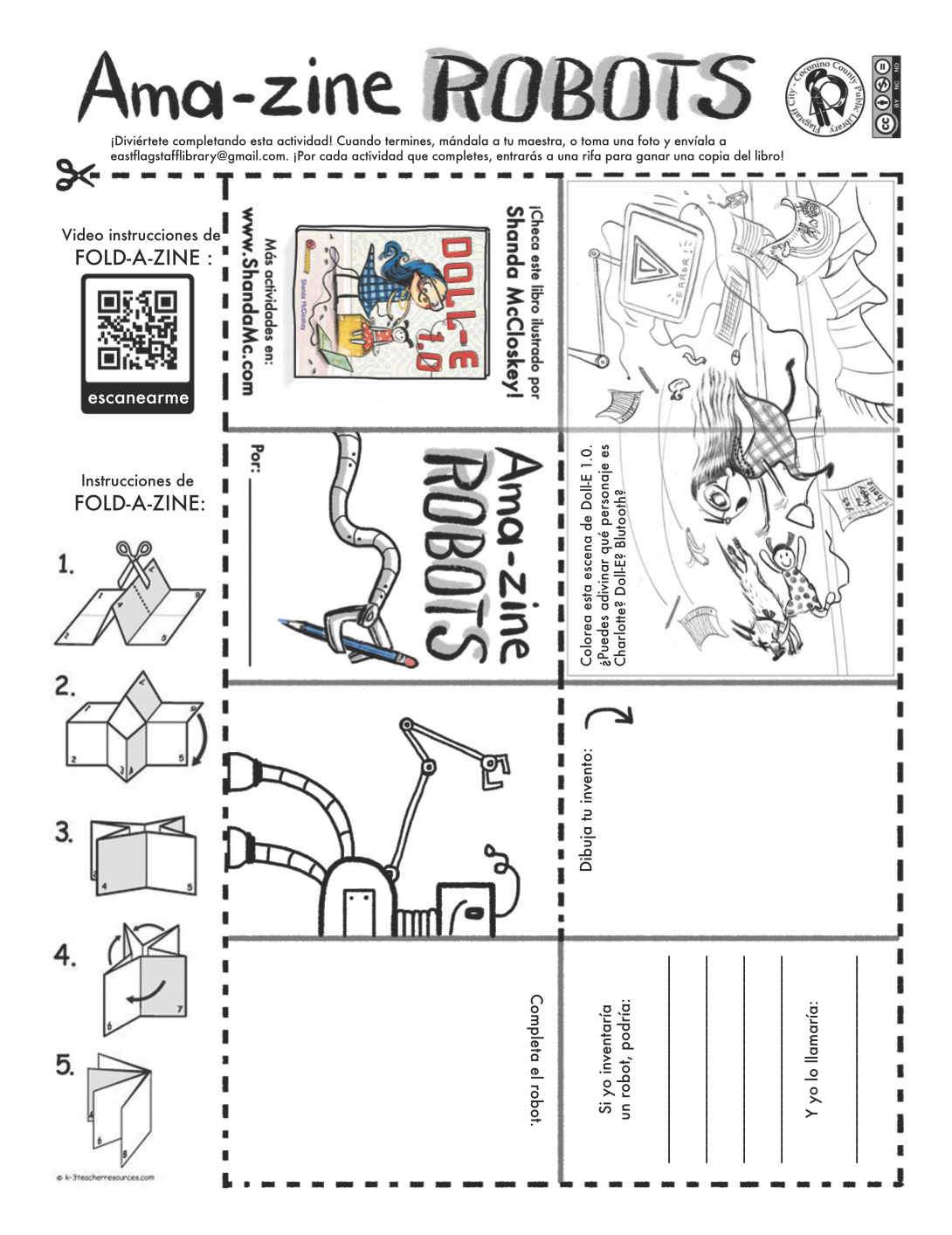 Amazing robots zine activity (en español) inspired by the book, Doll-E 1.0, by Shanda McCloskey